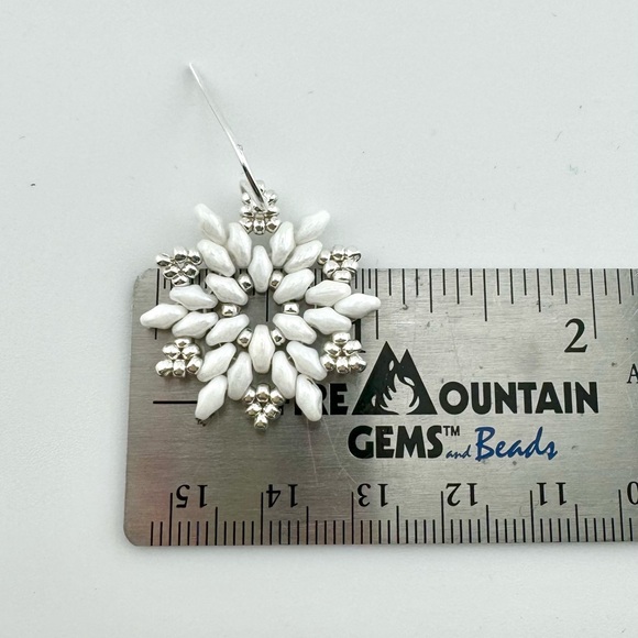Sterling Silver and White Snowflake Earrings, Beaded White Snowflake Earrings - Picture 6 of 6
